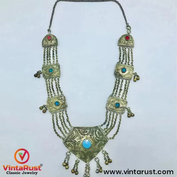 Silver Vintage Necklace with Turquoise Beads, Long Chain Necklace - Picture 4 of 8